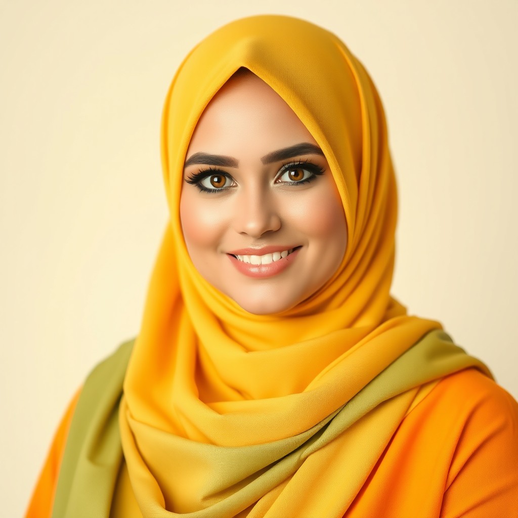 A beautiful and charming woman wearing a hijab, with a full figure, dressed in eye-catching bright colored attire