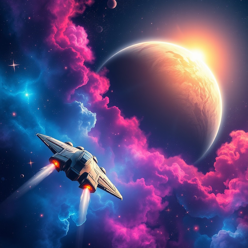 A captivating book cover design featuring a stunning space exploration scene in vibrant digital art