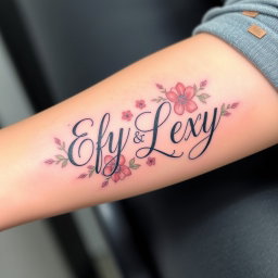 A beautifully designed tattoo featuring the names 'Efy' and 'Lexy' artistically intertwined, surrounded by delicate floral elements