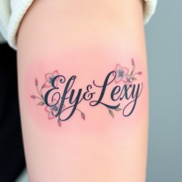 A beautifully designed tattoo featuring the names 'Efy' and 'Lexy' artistically intertwined, surrounded by delicate floral elements