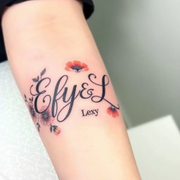 A beautifully designed tattoo featuring the names 'Efy' and 'Lexy' artistically intertwined, surrounded by delicate floral elements