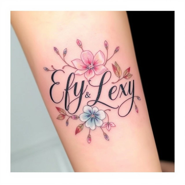 A beautifully designed tattoo featuring the names 'Efy' and 'Lexy' artistically intertwined, surrounded by delicate floral elements