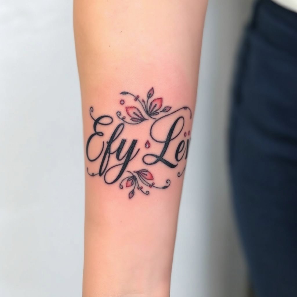 A striking tattoo design on the forearm featuring the names 'Efy' and 'Lexy' artistically arranged