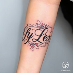 A striking tattoo design on the forearm featuring the names 'Efy' and 'Lexy' artistically arranged