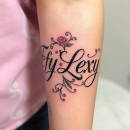A striking tattoo design on the forearm featuring the names 'Efy' and 'Lexy' artistically arranged