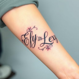 A striking tattoo design on the forearm featuring the names 'Efy' and 'Lexy' artistically arranged