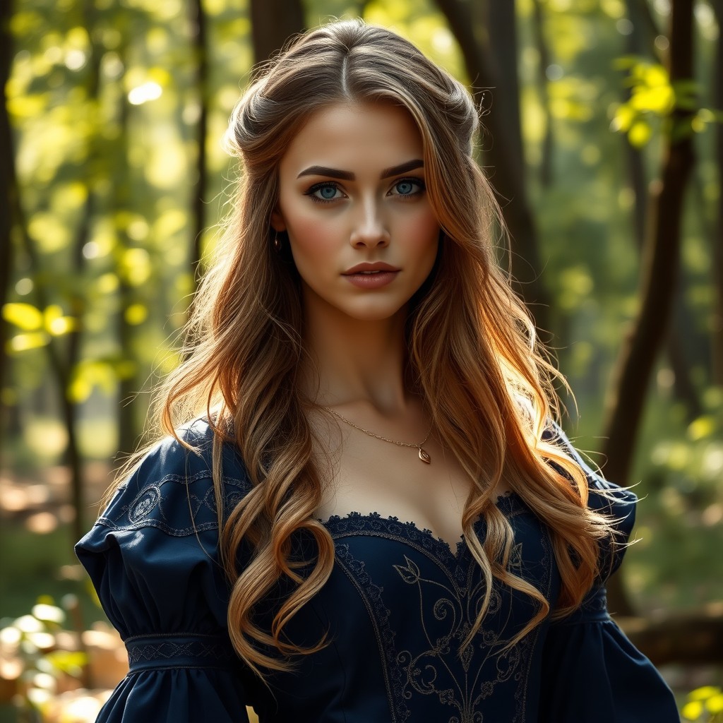 A stunning medieval maiden with dark blonde to light brown hair cascading elegantly over her shoulders and striking blue eyes that sparkle with an ethereal charm