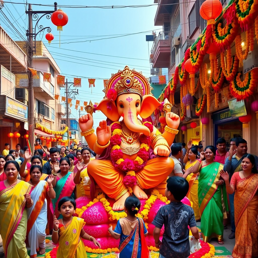 A vibrant celebration of Ganesh Chaturthi featuring an elaborately decorated Ganesh idol made of clay, adorned with bright flowers, vibrant colors, and intricate designs