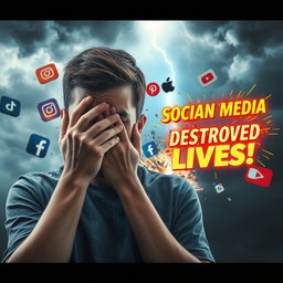 A photorealistic, cinematic image depicting the destructive power of social media ruining lives