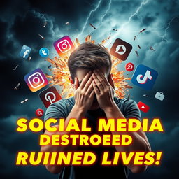 A photorealistic, cinematic image depicting the destructive power of social media ruining lives