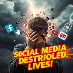 A photorealistic, cinematic image depicting the destructive power of social media ruining lives