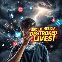 A photorealistic, cinematic image depicting the destructive power of social media ruining lives