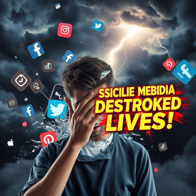 A photorealistic, cinematic image depicting the destructive power of social media ruining lives
