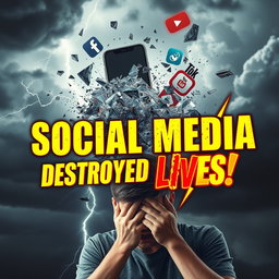 A photorealistic, cinematic thumbnail featuring an explosion of a smartphone shattering into shards, with giant social media logos (Facebook, Instagram, TikTok, YouTube) flying out amidst dark storm clouds