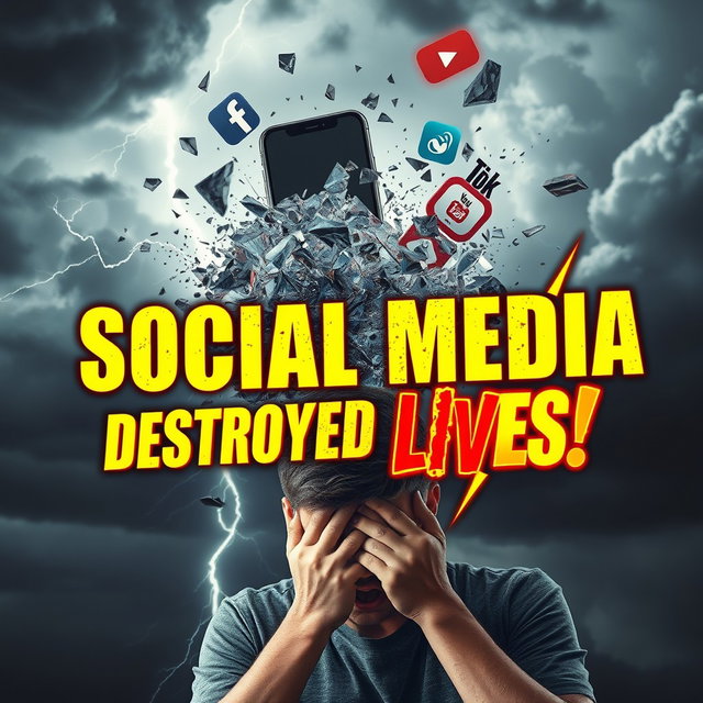 A photorealistic, cinematic thumbnail featuring an explosion of a smartphone shattering into shards, with giant social media logos (Facebook, Instagram, TikTok, YouTube) flying out amidst dark storm clouds