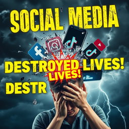A photorealistic, cinematic thumbnail featuring an explosion of a smartphone shattering into shards, with giant social media logos (Facebook, Instagram, TikTok, YouTube) flying out amidst dark storm clouds