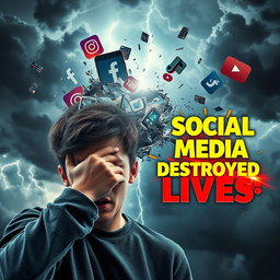 A photorealistic, cinematic thumbnail featuring an explosion of a smartphone shattering into shards, with giant social media logos (Facebook, Instagram, TikTok, YouTube) flying out amidst dark storm clouds