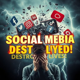 A photorealistic, cinematic thumbnail featuring an explosion of a smartphone shattering into shards, with giant social media logos (Facebook, Instagram, TikTok, YouTube) flying out amidst dark storm clouds