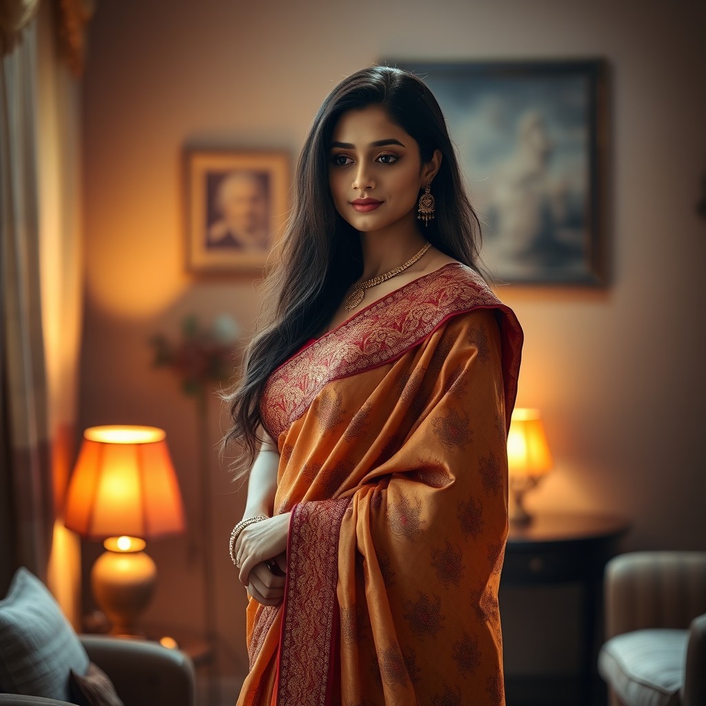 An elegant Indian woman in a beautifully embroidered saree, standing gracefully in a softly lit room filled with rich textures and warm colors