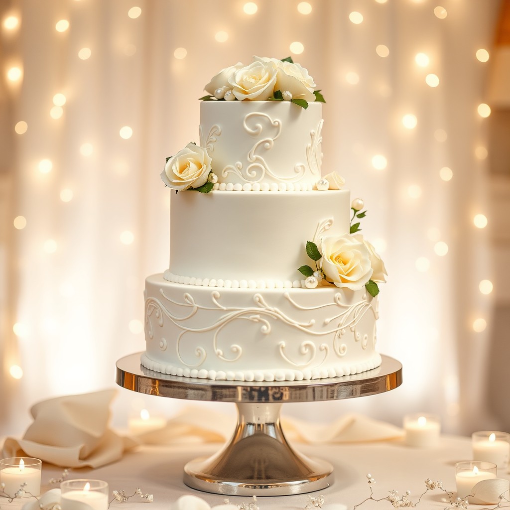 A beautifully decorated white cake, featuring intricate piping and delicate floral designs