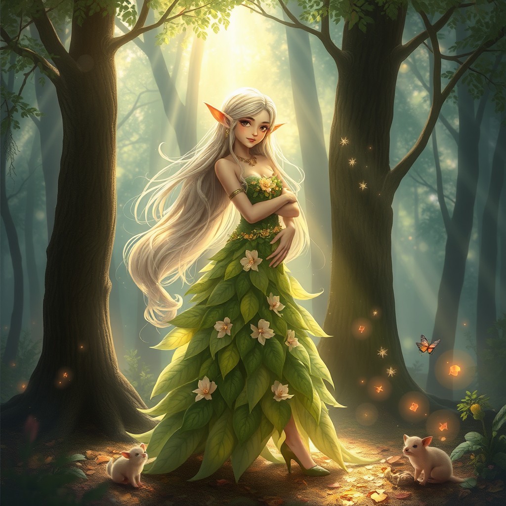 A mystical elf standing gracefully in an enchanted forest, surrounded by shimmering lights and magical flora