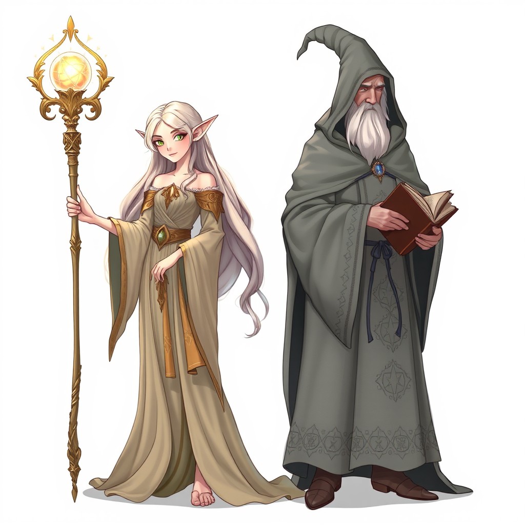 An enchanting elf wearing elegant, flowing robes, holding a shimmering staff with a magical orb at the top