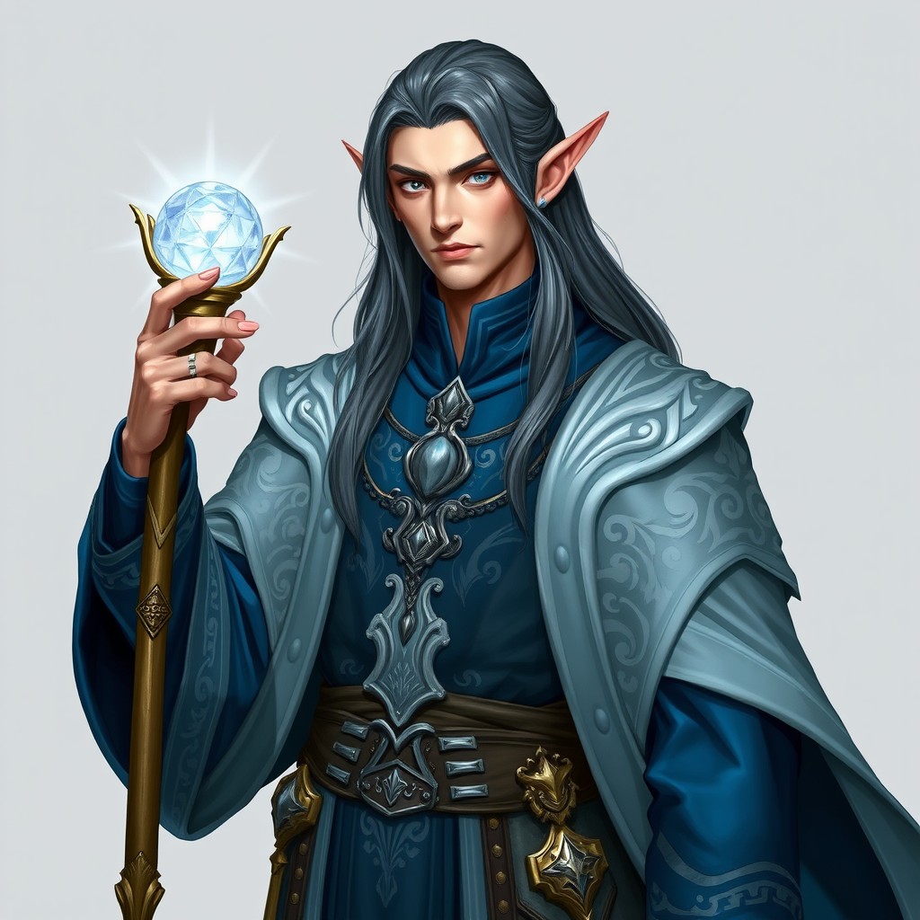A powerful male elf wizard clad in sophisticated robes with intricate designs, featuring silver and deep blue accents