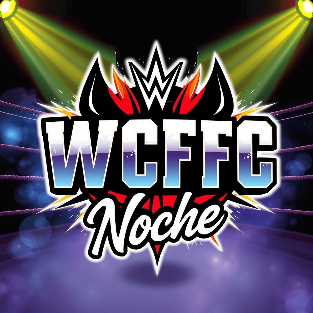 A dynamic and bold logo design featuring the text 'WCFC' in large, impactful font, alongside 'Noche' in a stylized script, both elements integrated into an electrifying composition