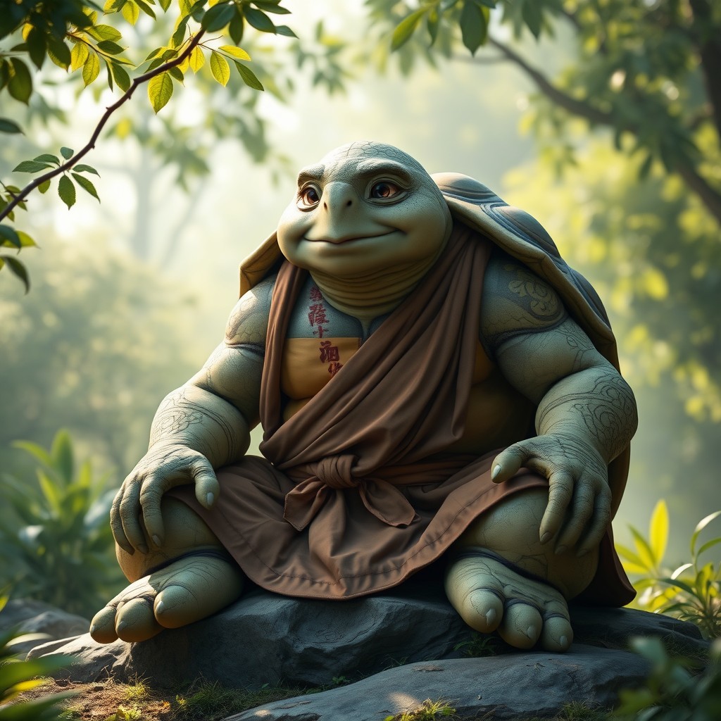 A gigantic, muscular tortoise monk with a kind and impulsive demeanor