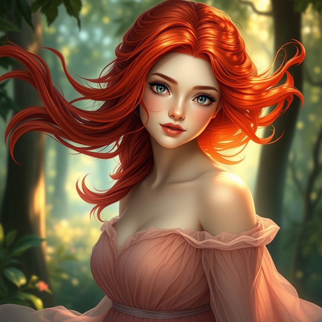 A striking character with vibrant red hair flowing beautifully, styled in loose waves and catching the light