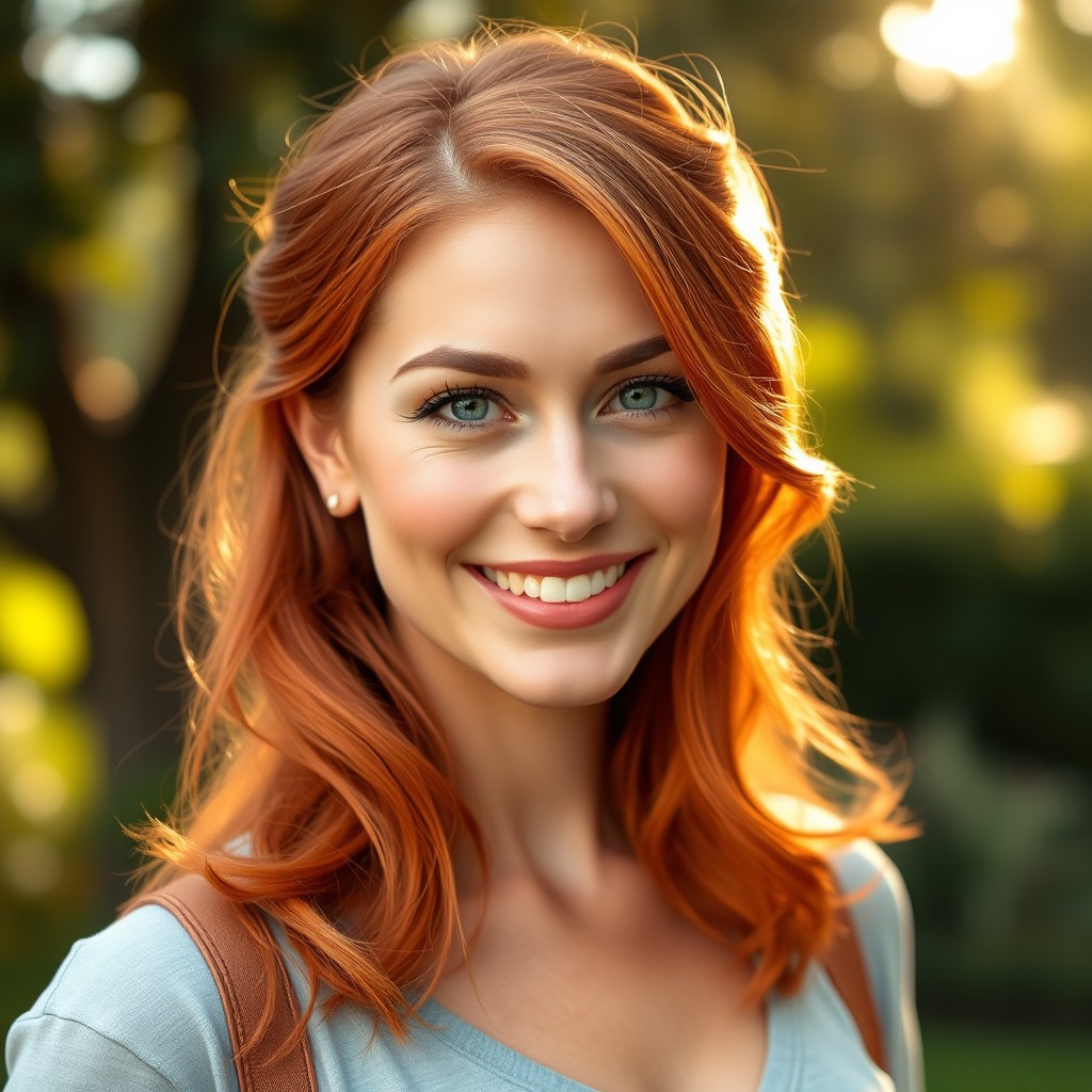 A beautiful, realistic portrait of a woman with striking red hair styled in soft, natural waves