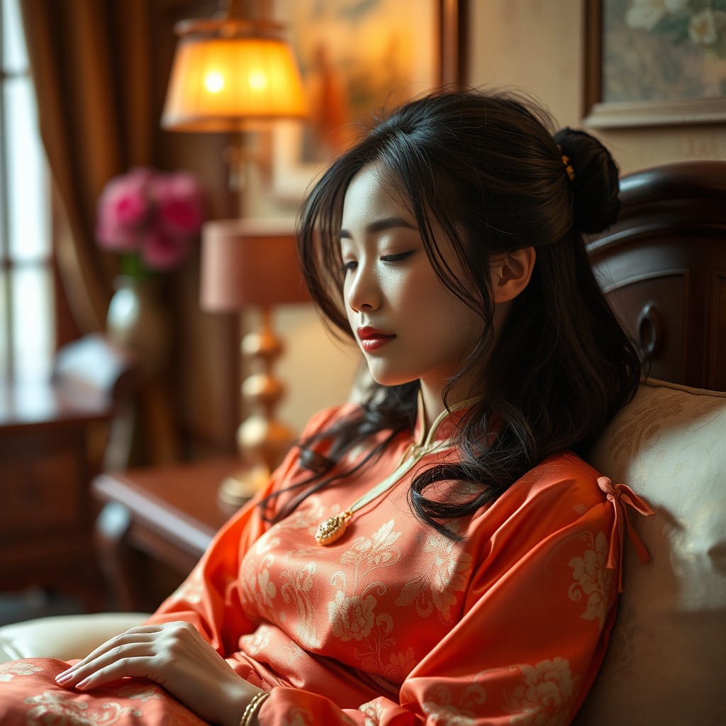 A girl peacefully sleeping in her bedroom after intimate moments, wearing beautiful Chinese clothing, with delicate patterns on her attire