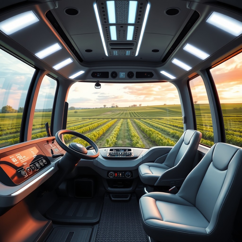 A futuristic tractor interior featuring smooth lines and advanced technology