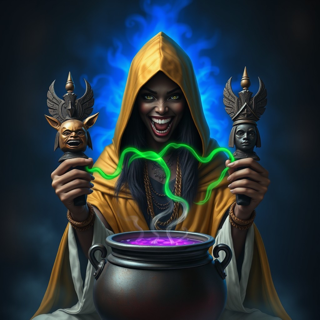 A dark-skinned shamaness wearing a luxurious golden hood and a cloak with a white lower part