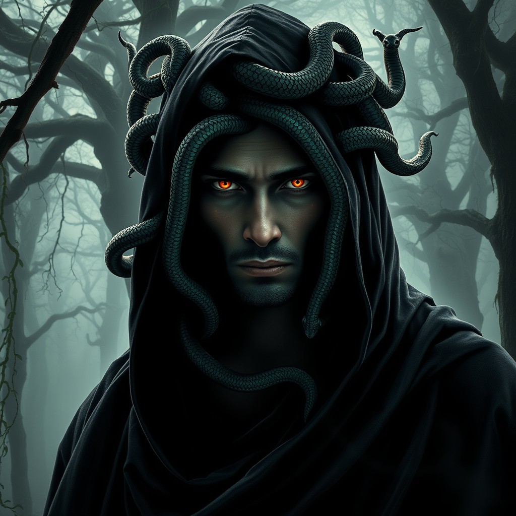 A mysterious male Medusa figure draped in a dark, flowing hooded cloak, with striking features and serpents intertwining around his head