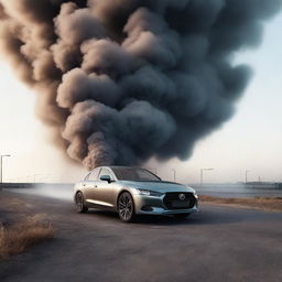 A striking, high-resolution 8K depiction of a car emitting polluted gas into the atmosphere.