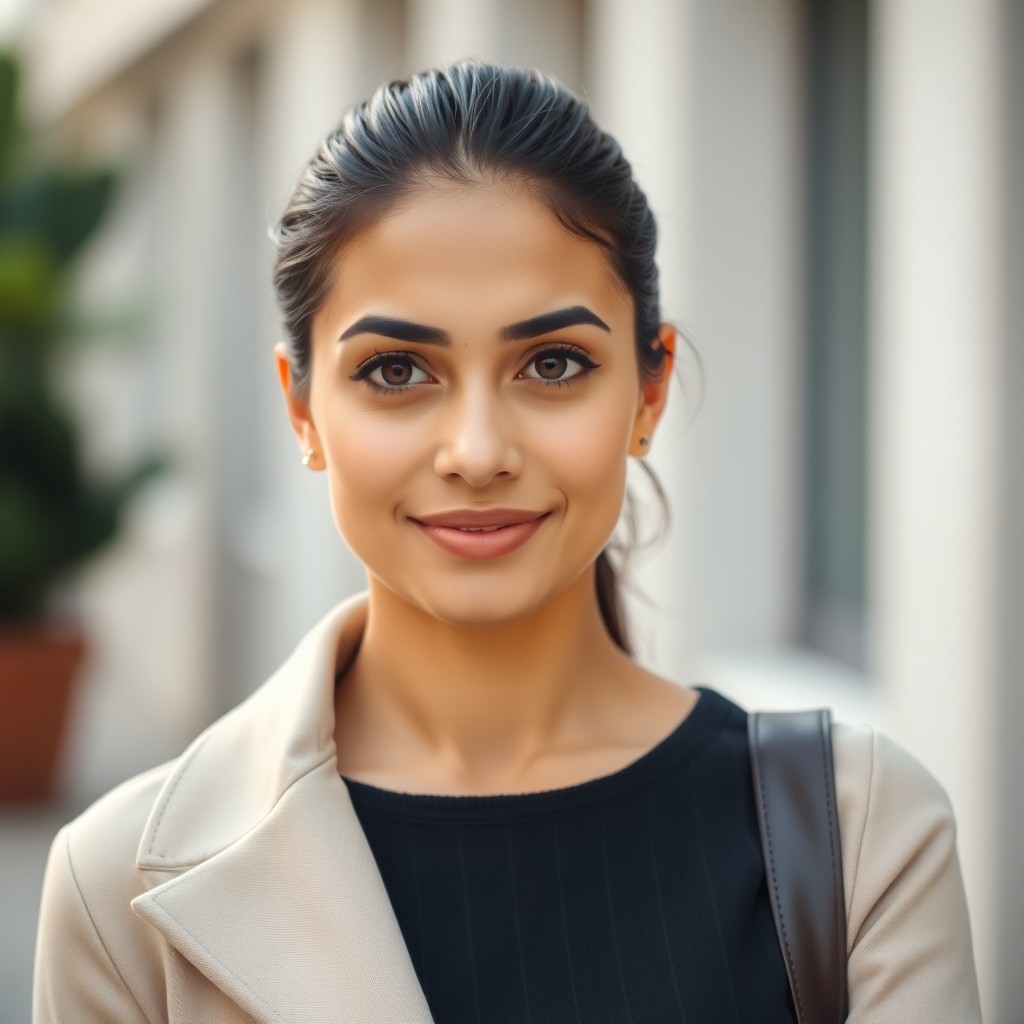 A full-body portrait of a beautiful 40-year-old woman of multicultural background, showcasing her mixed Middle Eastern and South Asian descent (Jordanian and Indian)
