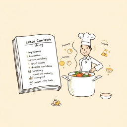 Create a professional doodle-style illustration for a corporate presentation featuring an open recipe book labeled 'Local Content Policy