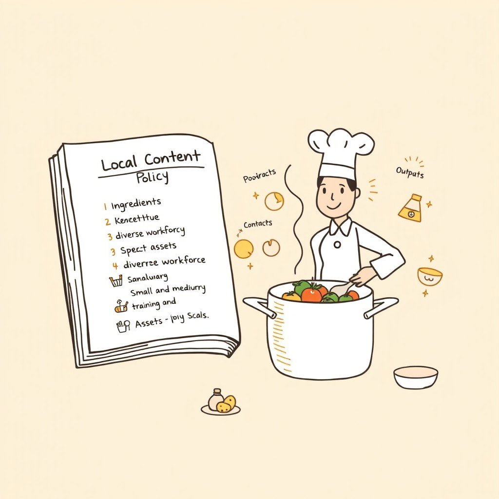 Create a professional doodle-style illustration for a corporate presentation featuring an open recipe book labeled 'Local Content Policy