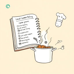 Create a professional doodle-style illustration for a corporate presentation featuring an open recipe book labeled 'Local Content Policy