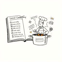 Create a professional doodle-style illustration for a corporate presentation featuring an open recipe book labeled 'Local Content Policy