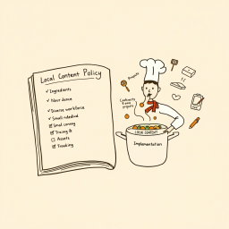 Create a professional doodle-style illustration for a corporate presentation featuring an open recipe book labeled 'Local Content Policy