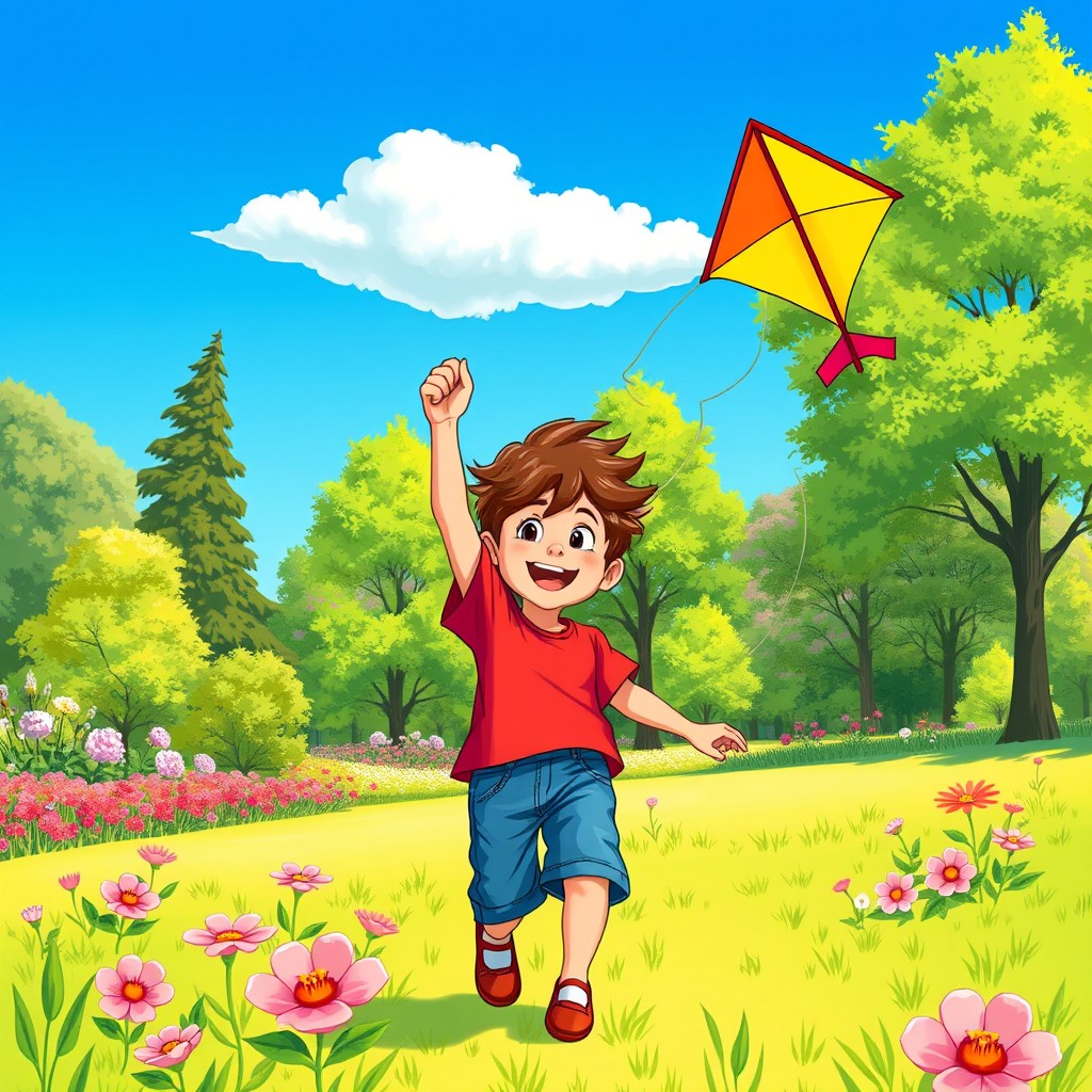 A vibrant and colorful illustration of a young boy, around 10 years old, playing joyfully in a sunny park