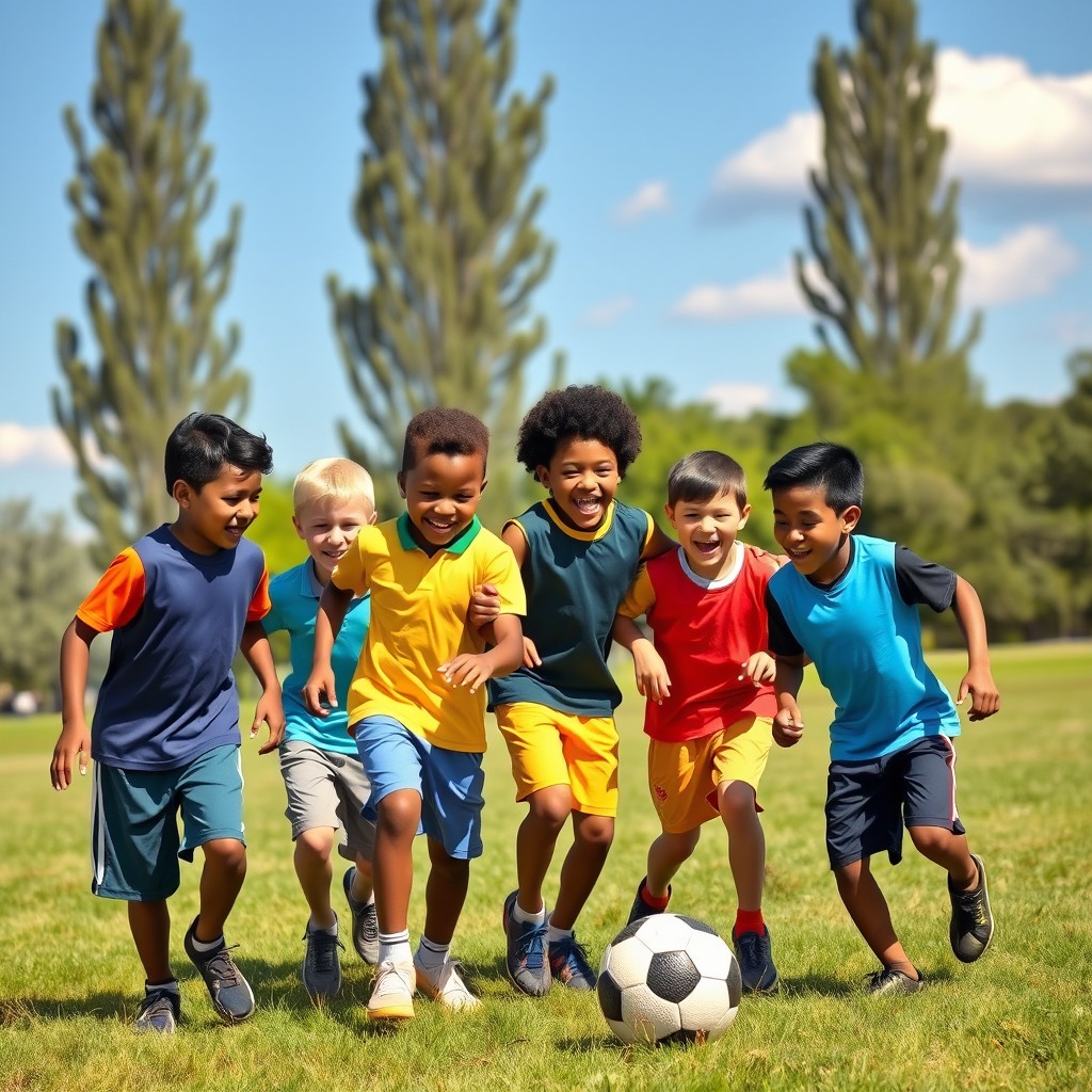 A group of boys having fun outdoors, laughing and playing together in a sunny park