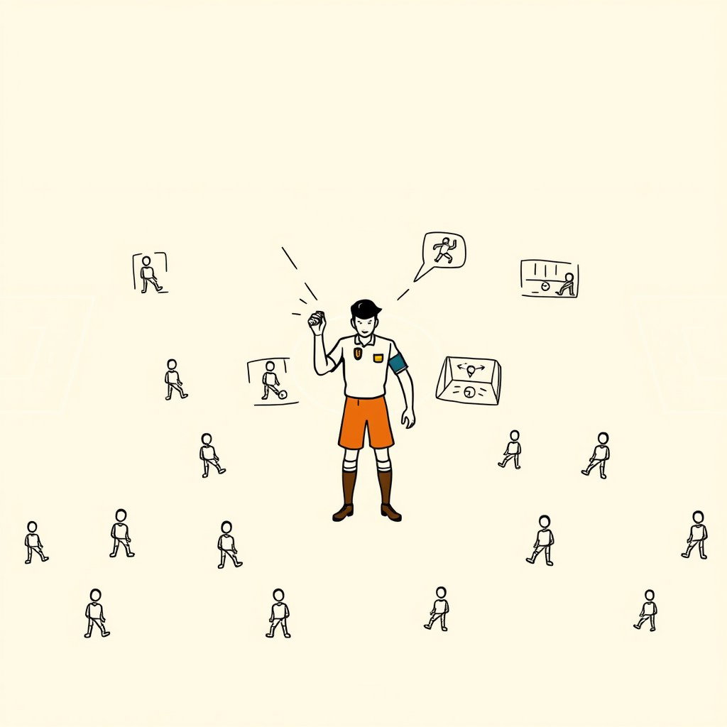Create a professional doodle-style illustration for a corporate presentation featuring a football field populated with 22 players depicted in simple sketch icons