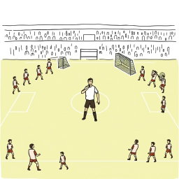 Create a professional doodle-style illustration for a corporate presentation featuring a football field populated with 22 players depicted in simple sketch icons