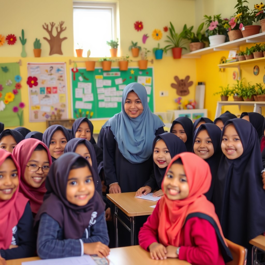 A cheerful classroom filled with girls in school uniforms and wearing hijabs, guided by a teacher who is also wearing a hijab