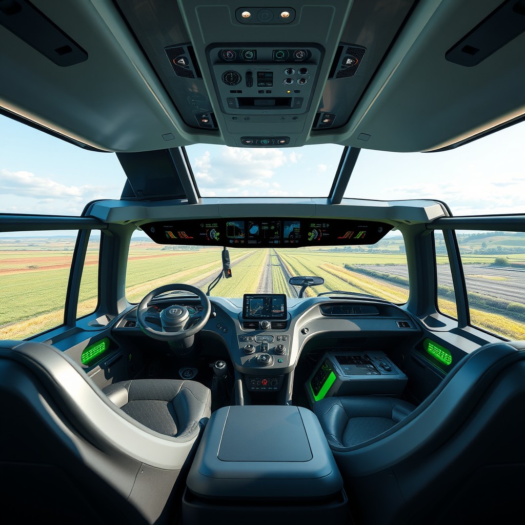 A futuristic tractor interior with sleek high-tech controls and a panoramic view