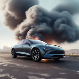 A striking, high-resolution 8K depiction of a car emitting polluted gas into the atmosphere.