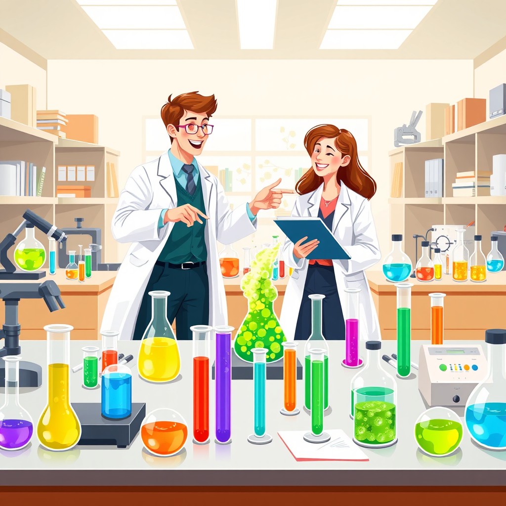 An illustrative scene showcasing a variety of science experiments taking place in a modern laboratory